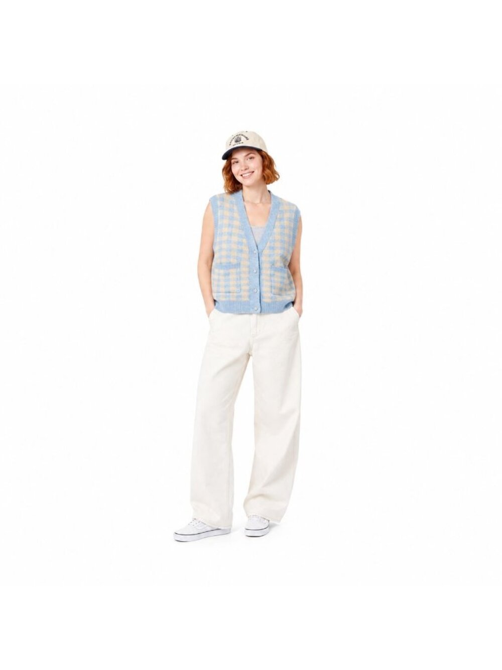 2/$30 ZARA Size Small Light Blue & Cream Gingham Knit Cardigan Vest S Polyester
